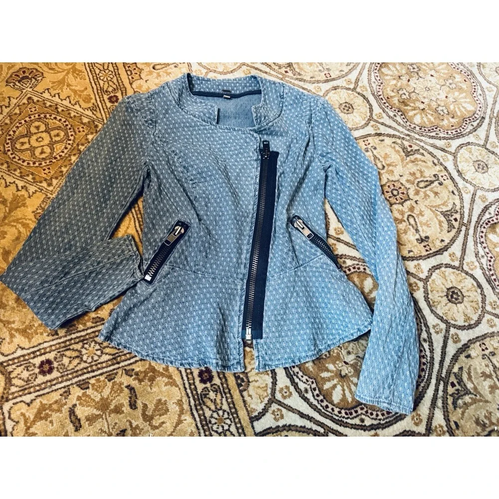 Free People women's blue jean Moto Denim Jacket Asymmetrical Zip Peplum 0/XS EUC - Picture 7 of 7